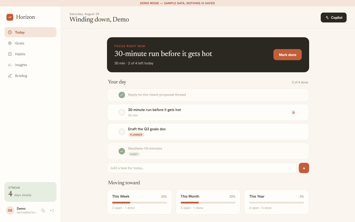The Horizon dashboard in demo mode: a focus card for the current task, the day's task list, a streak counter, and progress rings for week, month and year.
