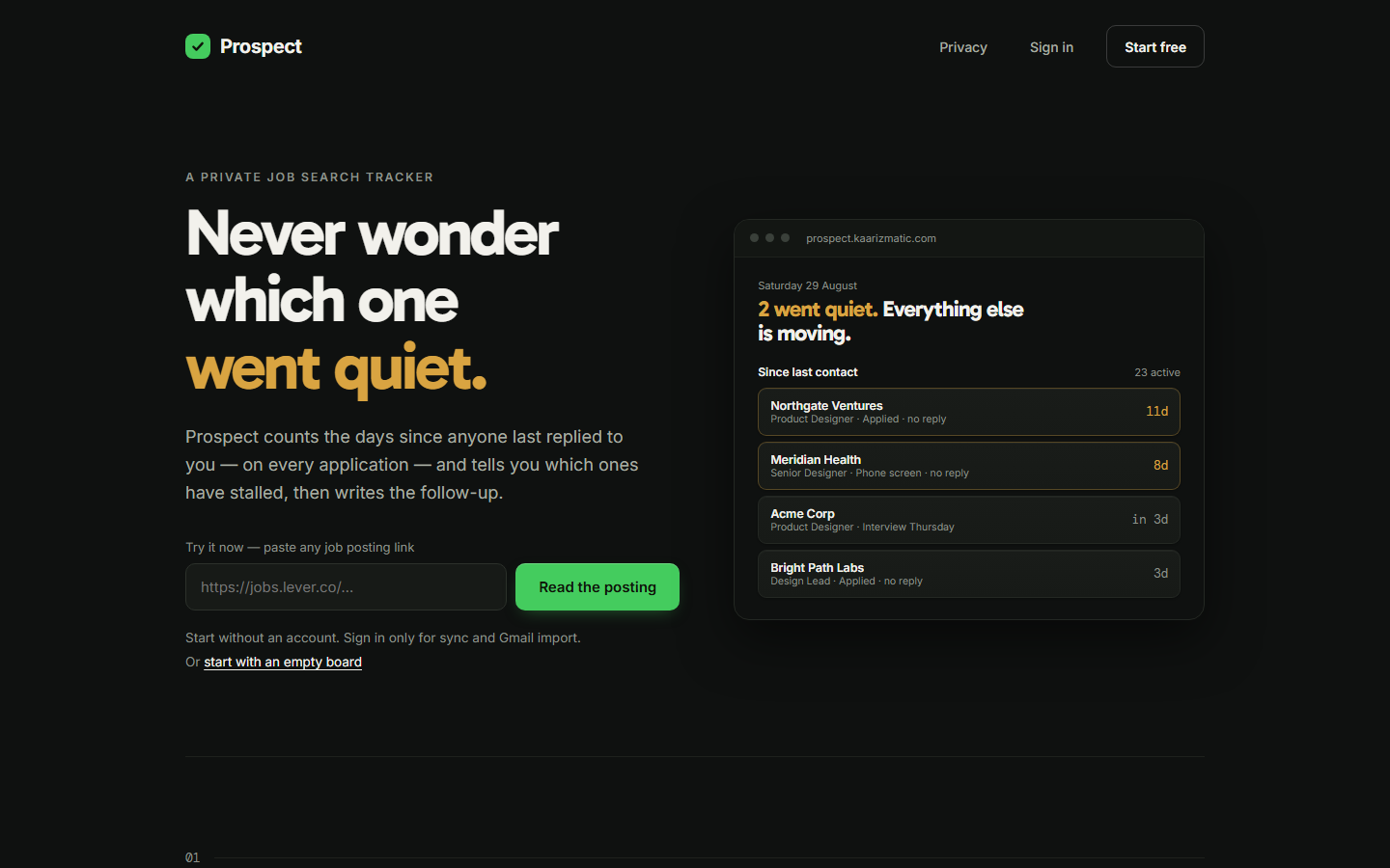 Prospect landing page, showing a job-search board that counts the days since each employer last replied.